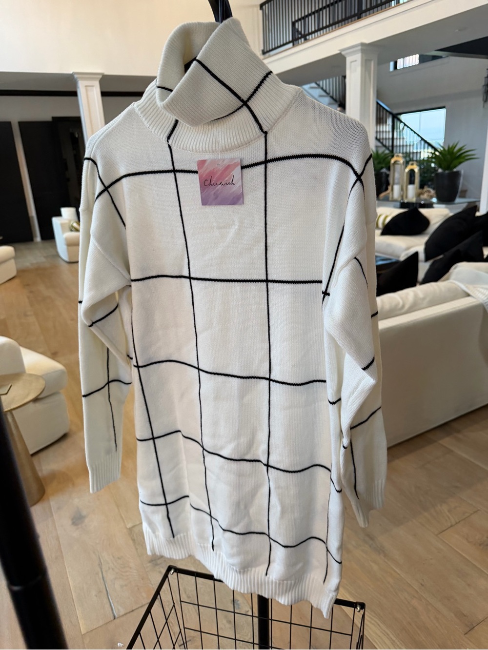 Chicwish White & Black Grid Turtleneck Sweater Dress/TUNIC